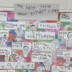 a bulletin board with children's handwritten notes and pictures on it, including the best thing about kinder's green