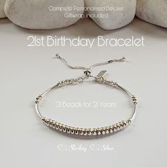 ✨Lovely on trend  minimalist 21st Birthday adjustable all Sterling Silver beaded bracelet. Looks lovely worn alone or with other bracelets in a stack. ✨A very Special Gift for a Special Young woman turning 21. ✨21 Sterling Silver 4mm rondelle shape focal beads, each bead representing a year in the life lived.  The beads are threaded onto top quality hard wearing beading wire, along with 15mm tube beads & 3mm  bicone & round beads to create  this simple but elegant bangle style design that sure t Minimalist Adjustable Bracelet For Birthday, Minimalist Adjustable Bracelets For Birthday, Adjustable Dainty Beaded Bracelets For Birthday, Dainty Adjustable Beaded Bracelets For Birthday, Minimalist Adjustable Jewelry For Birthday, Adjustable Minimalist Jewelry For Birthday, Dainty Sterling Silver Bracelets For Birthday, Dainty Sterling Silver Bracelet For Birthday, Dainty Beaded Bracelets For Birthday