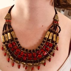 Beautiful Red, Black And Gold Necklace. Made By Indian In India It Can Be Use For Special Occasions. Amazing Item For Christmas Gift Red Bib Necklace As Gift, Adjustable Red Necklace For Festival, Red Necklace With Black Beads For Gift, Red Necklace With Black Beads As Gift, Handmade Red Bib Necklace For Party, Red Bohemian Choker Necklace, Adjustable Red Necklace With Black Beads, Adjustable Red Jewelry With Black Beads, Bohemian Red Necklace With Black Beads