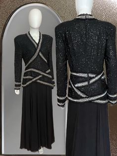 "This 1980s evening gown, in all it's sequined glory is reminiscent of Dynasty. Those were the days. Power shoulder pads give structure to the sequined and beaded smothered upper shell that covers the top part of the dress. Silver & black bead detail with black lace detail in between. Same beautiful detail on the sleeves. Long double layered sheer polyester bottom over double layer of solid black. Beautiful weight to the top and fab flow to the gown portion. Zip back  The label was cut out for some reason before unsuited it so I do not know who made it. But it's well made!   Size: small Measures: shoulders: 19\" across - bust: 39\" - waist: 31\" - hips: 38\" - sleeve length: 24\" - length: 58\"  Vintage condition: excellent" Elegant Black Sequin Fabric With Contrast Sequin, Air Force Uniforms, Black Embellished Sequin Fabric, Glamorous Style, Silk Dyeing, Shoulder Pads, Solid Black, Black Beads, Lace Detail, Black Lace