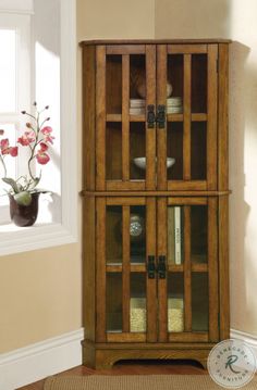 a tall wooden cabinet with glass doors in a living room next to a rug and window