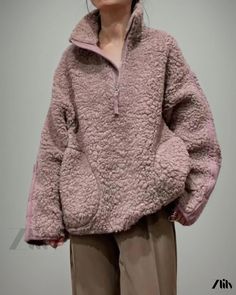 Zlily - Swedish Sheep Wool Jacket: Zip-Up, Mock Neck, Stylish and Casual Patchwork Outerwear Winter Half-zip Tops With Pockets, Long Sleeve Tops With Pockets For Cold Weather, Oversized Half-zip Fall Outerwear, Cold Weather Long Sleeve Sweatshirt With Pockets, Fleece Outerwear For Work In Fall, Fleece Outerwear For Fall, Fleece Outerwear For Fall Workwear, Casual Pink Half-zip Outerwear, Cozy Outerwear With Pockets And Half-zip