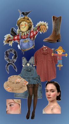 a collage of clothing and accessories including boots, hats, and other items on a blue background