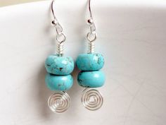 Turquoise earrings - sterling silver - spiral earrings - handmade spiral - blue drop earrings - genu Nickel-free Spiral Blue Earrings, Handmade Turquoise Spiral Jewelry, Handmade Spiral Turquoise Jewelry, Blue Spiral Sterling Silver Jewelry, Sterling Silver Turquoise Earrings, Blue Drop Earrings, Silver Turquoise Earrings, Earring Ideas, Spiral Earrings