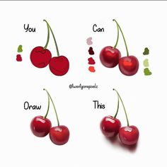 four cherries are shown with the words you can, draw, and paint them