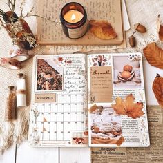 an open book with pictures and leaves on it next to a candle, jar of cinnamons