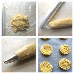 four pictures showing different stages of dough being made with rolling pin and pastry cutters