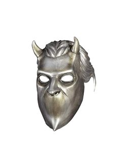 a silver mask with horns on it