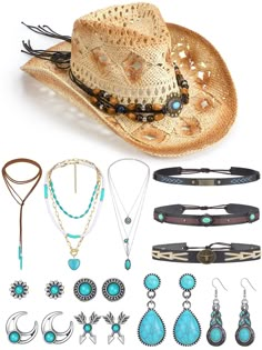 PRICES MAY VARY. Package Includes: you will receive 1 piece woven straw cowboy hat with 3 pieces of hat bands, 4 pieces of turquoise necklaces, 6 pairs of turquoise earrings, enough to meet your decoration need on various occasions Women Turquoise Jewelry: turquoise is a symbol of luck and happiness, warmth, beauty and strength, the jewelry set is designed in Bohemian style, which will make you look more attractive and eye catching in the crowd Comfort to Wear: the cowboy hat is made of straw, d Turquoise Cowgirl, Cowboy Hat Band, Eyeshadow And Eyeliner, Cowboy Hat Bands, Turquoise Stone Jewelry, Turquoise Necklaces, Eras Outfits, Western Trend, Cowgirl Dresses