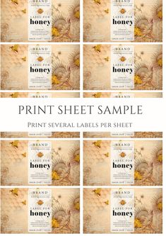 the print sheet sample for honey labels is shown in multiple rows, with different colors and sizes