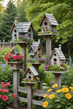 several bird houses with flowers growing on them