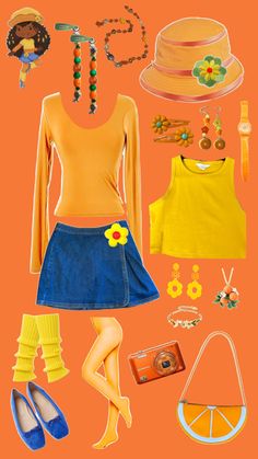 an assortment of clothing and accessories displayed on orange background