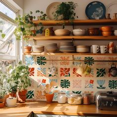 the kitchen counter is covered with pots and pans, plants, and other items