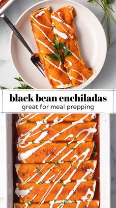 black bean enchiladas with white sauce and herbs on top