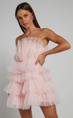 Allora Tiered Tulle Fit and Flare Mini Dress in Pale Pink | Showpo USA Strapless Sleeveless Tulle Party Dress, Chic Strapless Tulle Dress With Sweetheart Neckline, Feminine Ruffled Strapless Dress For Bridesmaids, Elegant Strapless Tulle Dress For Summer, Spring Dress With Sweetheart Neckline And Tulle Skirt, Spring Dress With Tulle Skirt And Sweetheart Neckline, Spring Tulle Dress With Sweetheart Neckline, Chic Tulle Dress With Sweetheart Neckline, Summer Strapless Ruffled Bridesmaid Dress