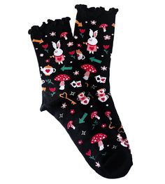 These cute Alice in Wonderland lettuce edge style socks come on a black background! They're women's one size fits all, soft, and stretchy! Made with a cotton/spandex blend and are machine washable (cold setting.) Cotton Socks For Spring Stocking Stuffers, Cute Black Stretch Socks, Cute Stretch Black Socks, Cute Black Spring Socks, Cute Black Cotton Socks, Playful Black Winter Socks, Cute Black Socks For Spring, Playful Black Cotton Socks, Comfortable Black Socks For Spring