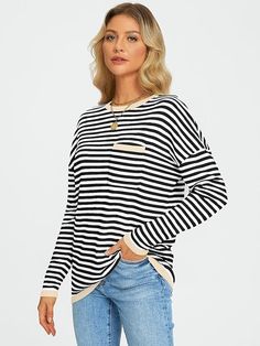 Channel your inner French girl with our striped sweater. Featuring relaxed fit, color block stripes and chest pocket for added fun, this crewneck will be your perfect pick for warmth and style in one. Wedding Outfits For Family Members, Womens Clothing Patterns, Knit Pullover, French Girl, Winter Outfits Women, Knitted Pullover Sweaters, Striped Sweater, Oversized Sweater