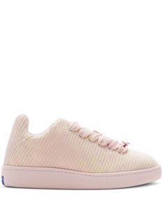 light pink knitted upper check pattern round toe front lace-up fastening branded insole logo at the sole We've partnered with Good On You — an independent agency that rates how brands perform in relation to their impact on the planet, people and animals, with a multi-criteria rating simplified to a five points scale. In order to be awarded our conscious label, larger brands need to score a minimum of four out of five ('Good'), while smaller brands must score at least three out of five ('It's A S Small Bra, Knitted Lace, Sneakers Pink, Burberry Shoes, Brown Sneakers, Latest Sneakers, Sneakers Blue, Burberry Women, Suede Sneakers