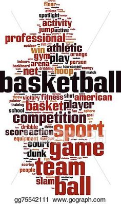 a basketball word cloud with the words sport and game in red, black and white