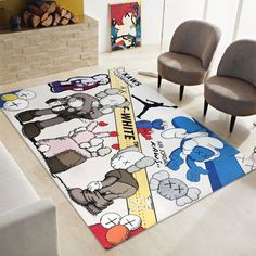 a rug with cartoon characters on it in a living room next to two chairs and a fireplace