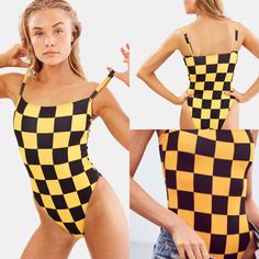 One Piece Yellow And Black Malibu Checkered Swimsuit Size Small New Without Tag Or Liner/Never Worn Yellow Beachwear Bodysuit For Swimming, Trendy Yellow One-piece Bodysuit, Yellow One-piece Bodysuit For Swimming, Trendy Yellow Sleeveless Swimwear, Fitted Yellow Bodysuit For Beachwear, Yellow One-piece Bodysuit, Yellow Fitted Bodysuit For Beach Season, Fitted Yellow One-piece Bodysuit, Yellow Fitted Bodysuit For Summer