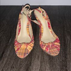 Brand New Plaid Heels With A Bow Knot Front Peep Toe And Strappy Back. Bottom And Heels Have A Cork Like Wooden Look. These Shoes Have Never Been Worn, But Have A Couple Scratches Inside One Shoe And A Small Scratch On One Heel (See Last Two Pics). Red Fabric Open Toe Heels, Casual Red Fabric Heels, Red Fabric Heels With Round Toe, Multicolor Fabric Open Toe Heels, Red Fabric Heels For Spring, Heels With A Bow, Plaid Heels, Bow Knot, Peep Toe Heels