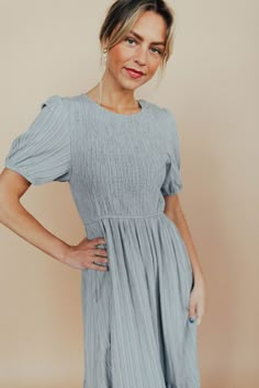 Modest Dresses For Pregnant Women, Modern Mennonite Fashion, Mission Dresses, Mission Outfits, Linen Pinafore Dress, Dusty Blue Dress, Long Denim Dress, Linen Pinafore, Blue Floral Print Dress