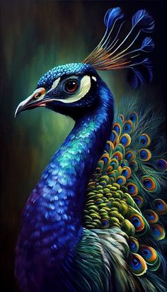 a painting of a peacock with feathers on it's head and tail, standing in front of a dark background