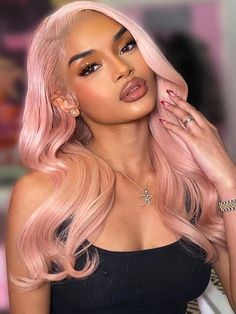 Wear & Go Pink Color 6x4 Lace Closure Pre Plucked Body Wave Glueless W Pink Blonde Hair Rose Gold Black Women, Black Women Colored Hair, Platinum Pink Hair, Pink Hair Black Women, Frontal Ideas, School Baddie, Bday Hair, Pastel Wig, Inspired Hairstyles