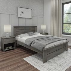 a bedroom with a bed, night stand and nightstands on the floor in front of a large window