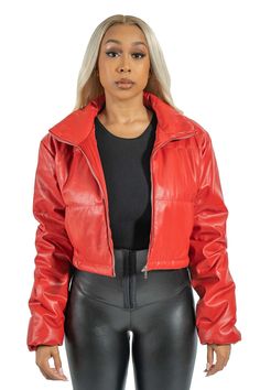 This stylish, daring and oh-so-chic layer of warmth is designed to make sure you stay on top of the trends, no matter the season. Model is 5'6 wearing small Trendy Fall Puffer Outerwear, Chic Long Sleeve Outerwear With Padded Collar, Modern Fitted Outerwear For Layering, Fall Streetwear Puffer Jacket, Trendy Fall Puffer Jacket With Padded Collar, Trendy Fitted Leather Jacket For Fall, Chic Long Sleeve Cropped Jacket For Fall, Chic Leather Jacket With Padded Collar, Modern Red Long Sleeve Outerwear