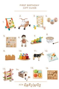 the first birthday gift guide for children with toys and gifts on display in front of it