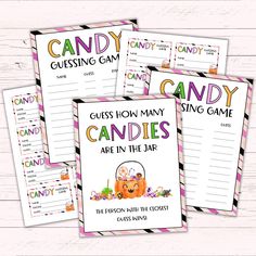 four candy guess game cards with the words candy, guess how many candies are in the jar