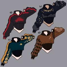 four sweaters with different designs on them, all in different colors and sizes are shown