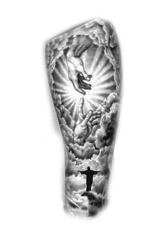 a man's arm with an image of a person flying through the sky and clouds