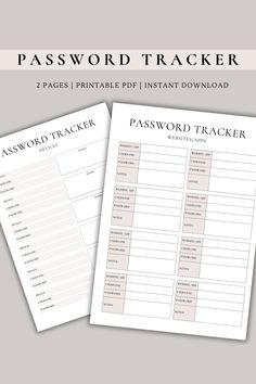 two printable password trackers with the text, 2 pages printable instant