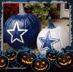 two pumpkins decorated with blue and white stars