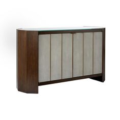 the sideboard is made from wood and glass, with white panels on one side