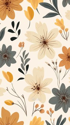 an abstract floral pattern with orange, yellow and gray flowers on a white background for wallpaper