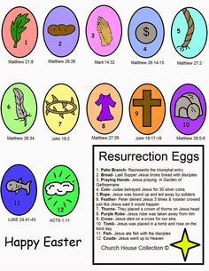 Resurrection Eggs -- 12 symbols to put inside plastic eggs for children to find. I like this version but would use real items. Easter Resurrection Eggs, Matthew 27, Resurrection Eggs, Easter Resurrection, Triumphal Entry, Christ Centered Easter, Easter Lessons, Sunday School Coloring Pages