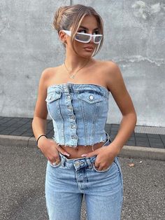 Buttoned Crop Top, Corset Design, Looks Jeans, Looks Country, Denim Crop Top, Trendy Denim, Denim Corset, Corset Crop Top, Top 4