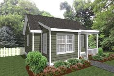 this is a computer rendering of a small house in the yard with landscaping around it