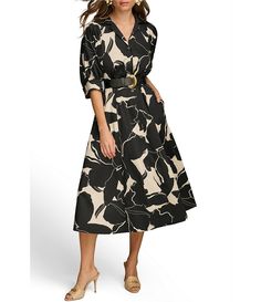 Donna Karan Printed 3/4 Sleeve Notch Collar Belted Side Pocket A-Line Midi Dress | Dillard's Dresses For Petite Women, Donna Karan Dress, Fashion Major, Dress For Petite Women, Cotton Poplin Dress, Cotton Shirt Dress, Poplin Dress, Notch Collar, Dress Silhouette