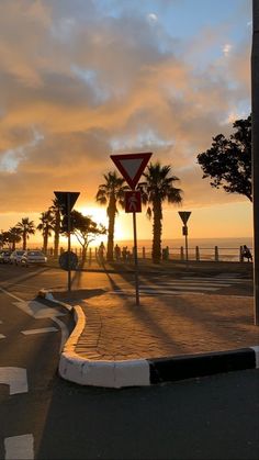 the sun is setting behind some palm trees and street signs on the side of the road