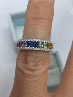 Rainbow Sapphire Diamond Band, Rainbow Sapphire and Diamond Ring 18K White Gold, Multicolor Sapphire Band Ombré - Etsy Multicolor Sapphire Ring In Fine Jewelry Style, Multicolor Sapphire Multi-stone Ring, Multicolor Multi-stone Sapphire Ring, Multicolor Oval Sapphire Ring With Diamonds, Multicolor Brilliant Cut Round Sapphire Ring, Multicolor Oval Sapphire Ring, Multicolor Round Sapphire Ring Fine Jewelry, Multicolor Brilliant Cut Sapphire Ring For Anniversary, Multicolor Oval Sapphire Ring For Anniversary