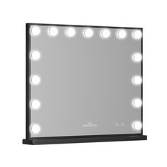 a large mirror with lights on it in the shape of a square, black frame