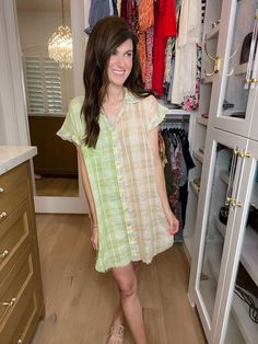 An everyday dress that's perfect with sneakers or sandals? We're in! This easy-to-wear button front dress is a no-brainer for summer. The lightweight fabric works on the hottest of days and the combo of spring green, yellow, and taupe is such a fun color palette. You can style this as a dress or, if you're taller, style it like a tunic. This silhouette is a customer fave every year so we're so excited to have it in a fresh new print! This is not lined. We do not feel like you need anything extra besides nude undergarments but you can always add a slip for extra coverage. Dress measures 33" in length the front (which we would consider a little flirty) and 37" in the back. Bust measures from underarm seam to seam. Measurements taken on a small. Add 1" to each measurement as you go up in size