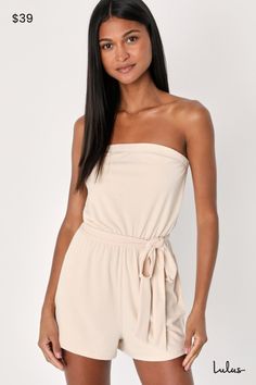 We're obsessed with those easy-going days where all you need is the Lulus Leisurely Moments Beige Ribbed Knit Strapless Lounge Romper! Stretchy ribbed knit makes it easy to chill all day in this strapless lounge romper that has an elasticized, straight neckline and a relaxed bodice. High, elasticized waist features a belt loops and a tying sash belt before falling to flowy attached shorts. Fit: This garment fits true to size. Length: Mid-thigh. Size medium measures 24.5" from top to bottom. Inse Lounge Romper, Shorts Fit, Lulu Fashion, Easy Day, Adhesive Bra, Straight Neckline, Sash Belt, Easy Going, Strapless Bra