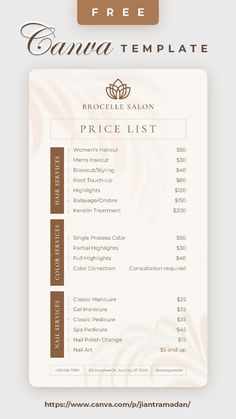 Beige and Brown Aesthetic Neutral Beauty Salon Price List Design Price List Design Salon Nails, Price List Salon Design, Canva List Template, Beauty Salon Menu Design, Salon Pricelist Design, Nail Art Flyer Design, Salon Menu Card Design, Beauty Salon Price List Template, Beauty Salon Price List Design