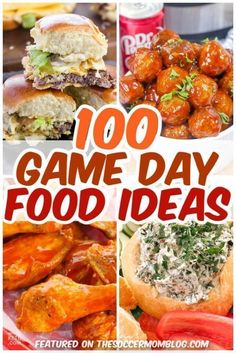 some food is shown with the words game day food ideas on it, and there are pictures